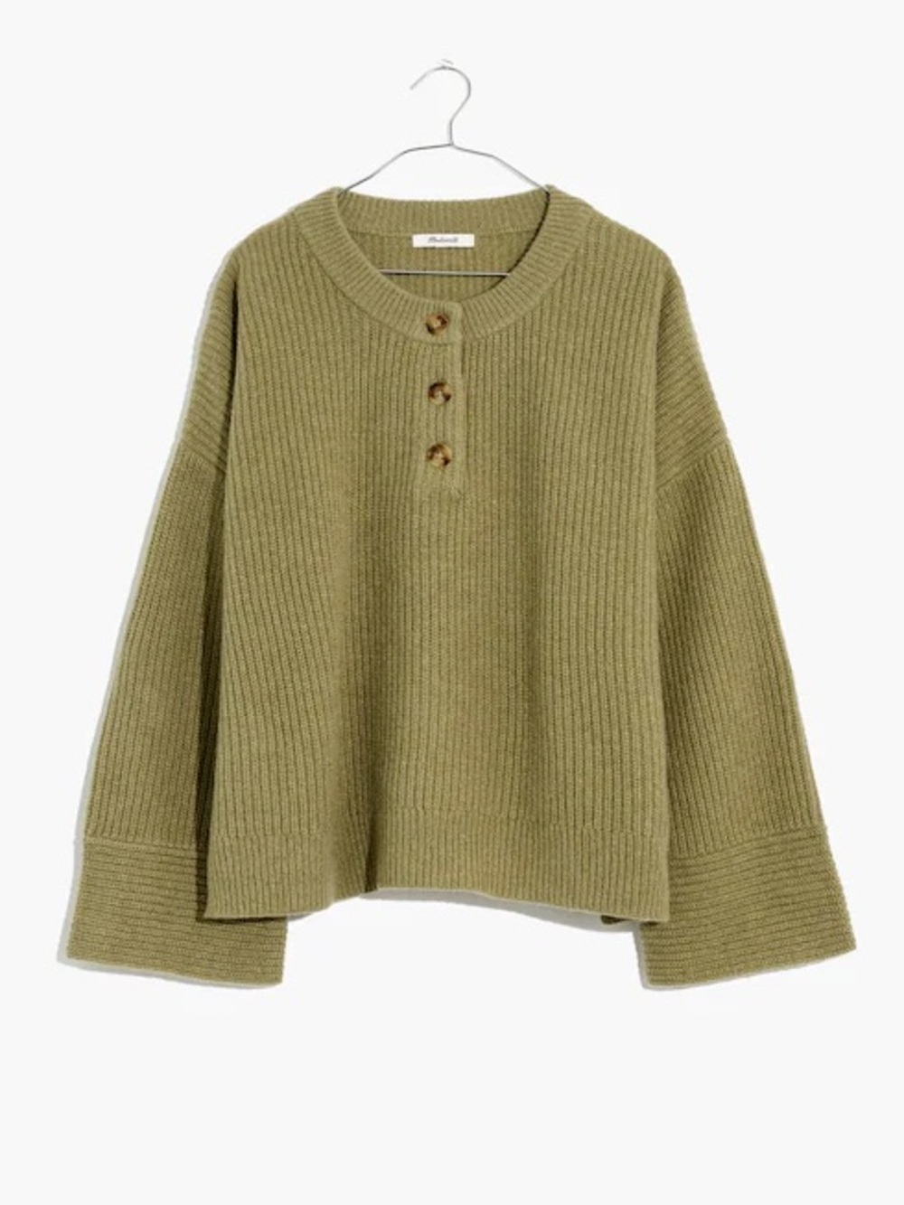 Madewell Cashmere Ribbed Henley Sweater Sage Green Size Medium Comfy Boxy Fit